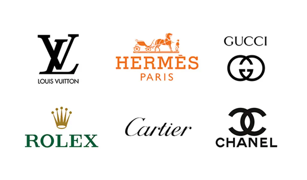 Brands like Chanel, Rolex, and Louis Vuitton use luxury logos.